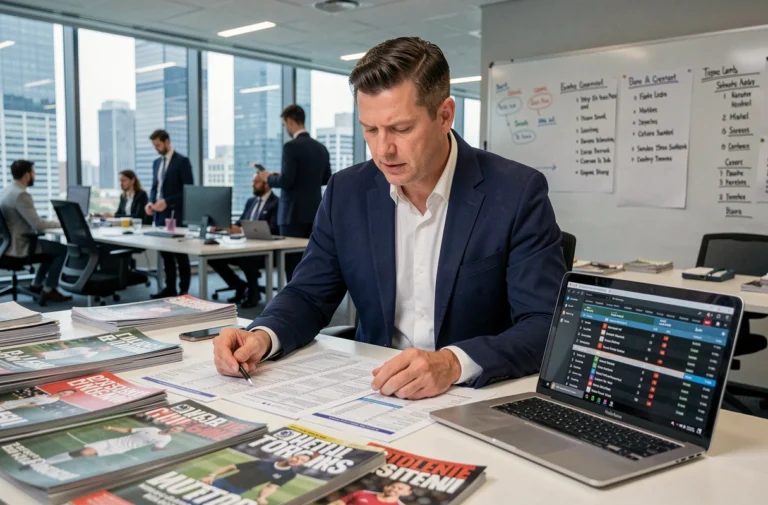 Journaliste sportif en blazer marine analysant des statistiques de match dans une salle de rédaction moderne
