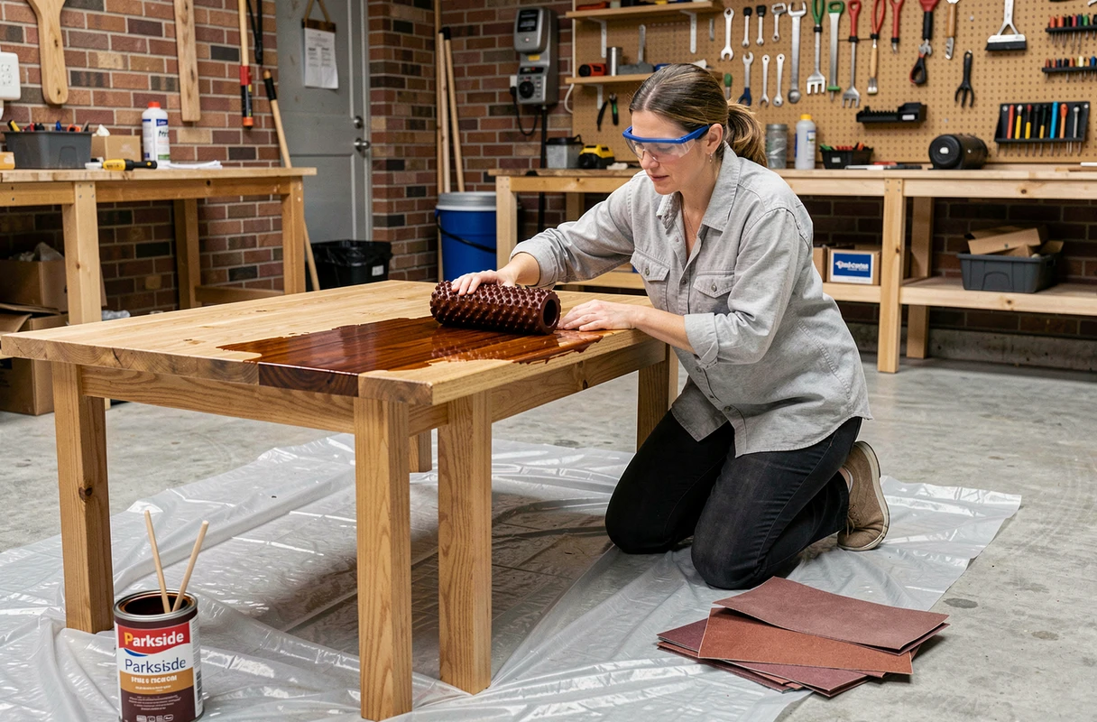 Femme appliquant une lasure teinte châtaigne sur une table en chêne brut avec un rouleau mousse dans un atelier semi-ouvert