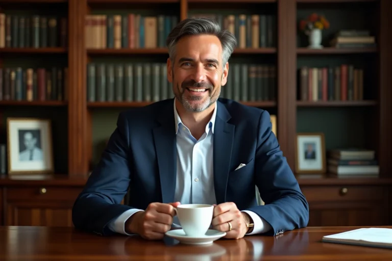 Laurent Jacobelli en portrait éditorial dans son bureau privé, costume marine et sourire détendu, atmosphère intime et confidentielle