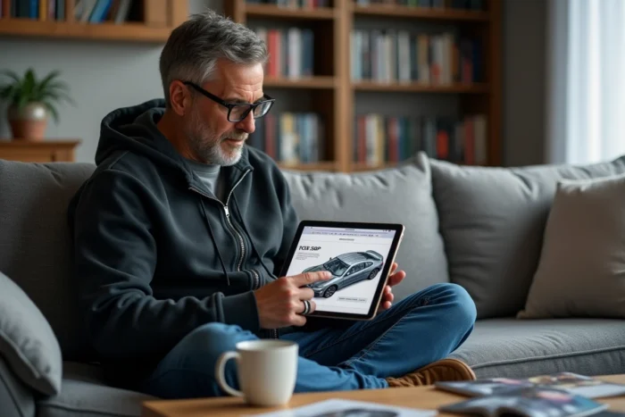 Homme lisant une revue technique automobile en PDF sur tablette dans son salon entouré de magazines auto