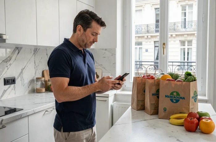 Homme réceptionnant une livraison de courses Mercadona dans son appartement parisien