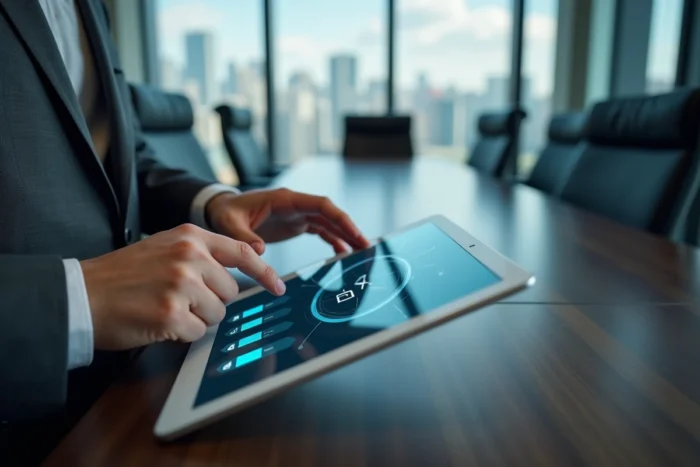 Gros plan sur des mains utilisant une tablette avec l'interface sécurisée d'un coffre-fort numérique en salle de réunion