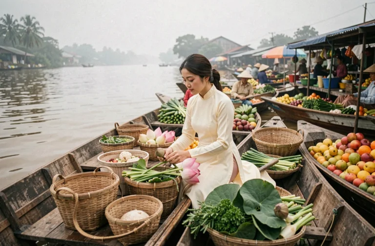 Femme en áo dài arrangeant des fleurs de lotus dans un marché flottant au Vietnam