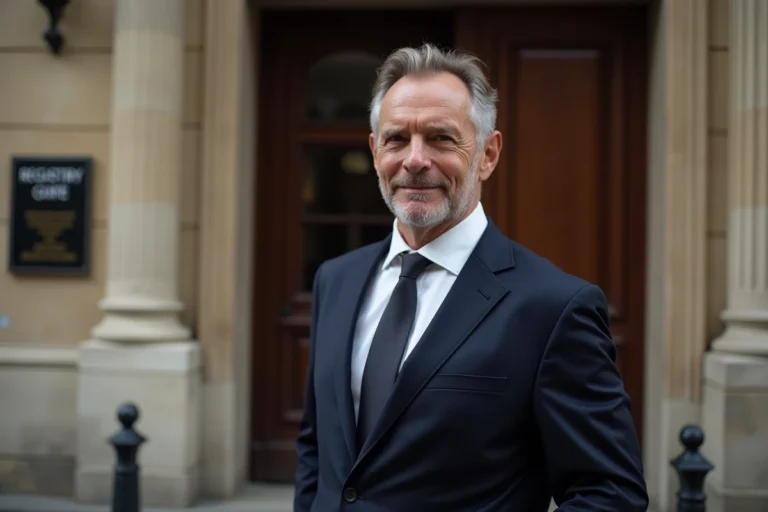 Animateur élégant en costume sombre devant une mairie française lors d'un mariage civil discret