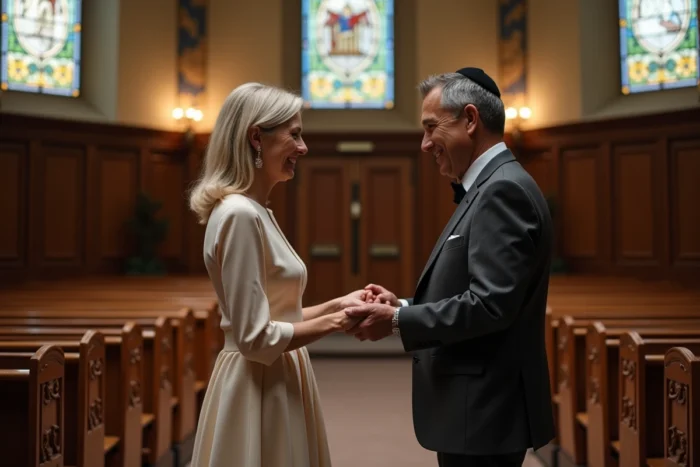 Cérémonie de mariage religieux discret dans une synagogue française avec un couple élégant