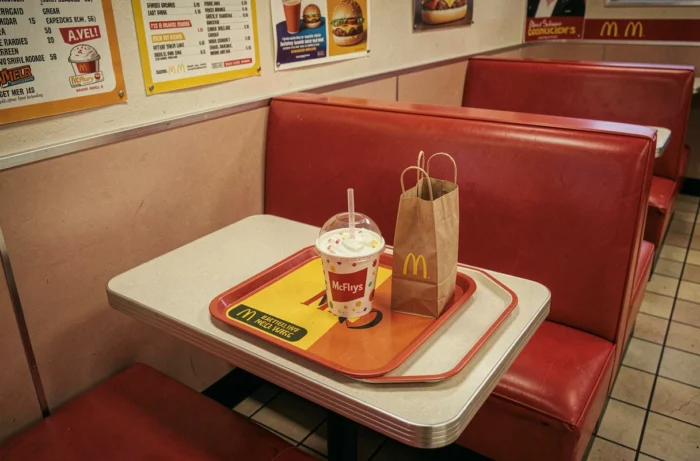 Coupe McFlurry posée sur un plateau dans un intérieur McDonald's vintage années 80, ambiance rétro nostalgique