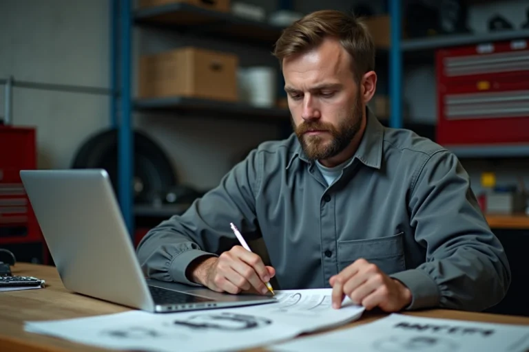 Mécanicien consultant une revue technique automobile en PDF sur son ordinateur portable dans un atelier