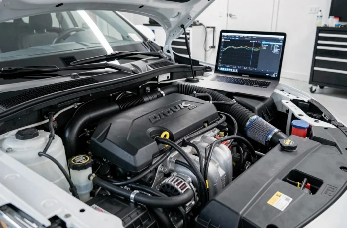 Moteur turbo de voiture ouvert en atelier avec logiciel de cartographie ECU affiché sur un écran d'ordinateur portable lors d'un tuning moteur