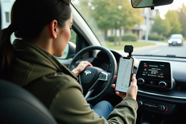 Femme utilisant l'application Mappy en mode hors connexion sur smartphone monté dans une voiture