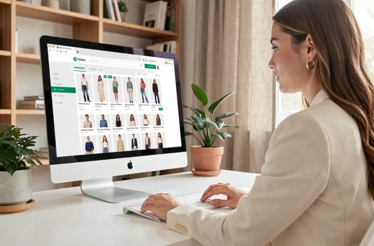 Femme naviguant sur un site de mode bien structuré avec des menus de navigation clairs sur un iMac dans un bureau moderne