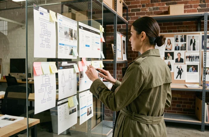 Femme analysant la structure et l'organisation d'un site de mode sur un mur de verre dans un studio créatif
