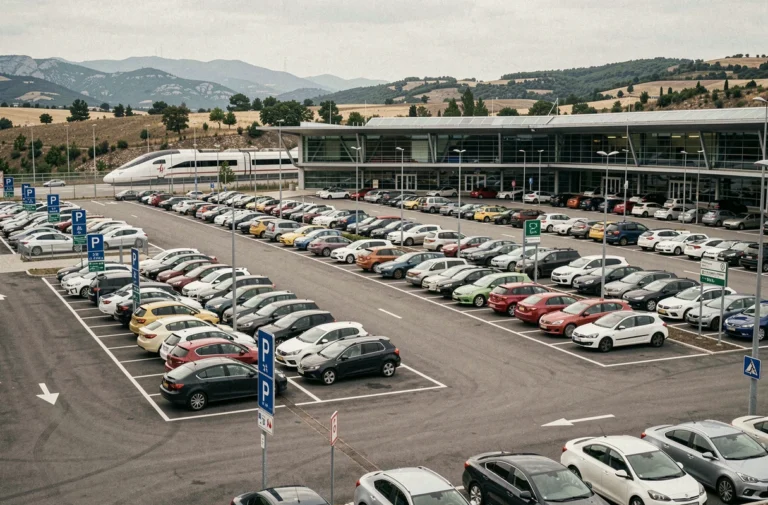 Parking organisé devant la gare de Valence TGV avec rangées de voitures garées et signalétique de stationnement