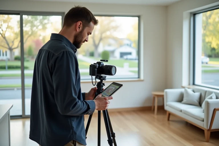 Photographe immobilier professionnel configurant une caméra 360 degrés sur trépied dans un salon moderne pour réaliser une visite virtuelle