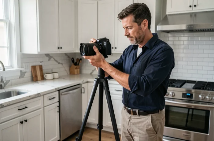 Photographe immobilier en train de réaliser une visite virtuelle dans une cuisine rénovée moderne