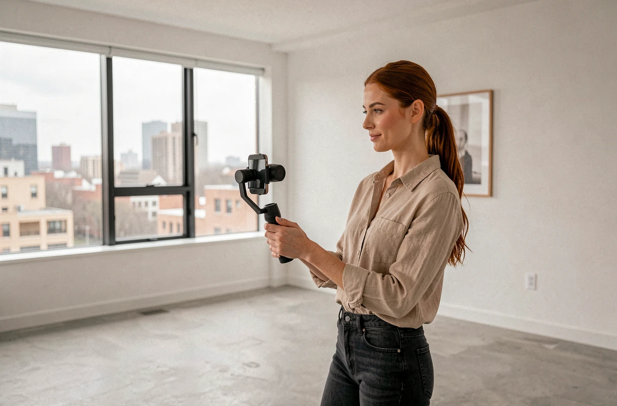 Femme photographiant un appartement vide avec smartphone et gimbal pour réaliser une visite virtuelle gratuite