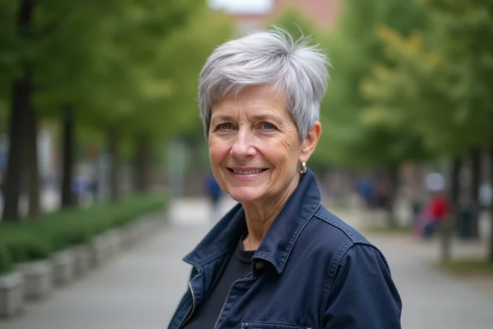 Femme de 70 ans arborant une coupe pixie courte et texturée en cheveux argentés naturels