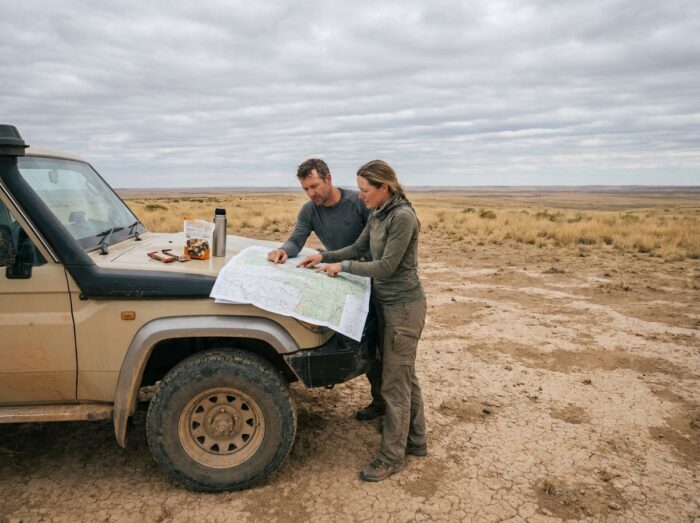 Deux randonneurs off-road consultant une carte topographique sur le capot de leur 4x4 sur un plateau aride