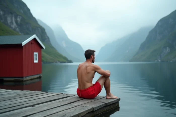 Homme assis sur un ponton en bois au bord d'un fjord norvégien contemplant le paysage montagneux et brumeux