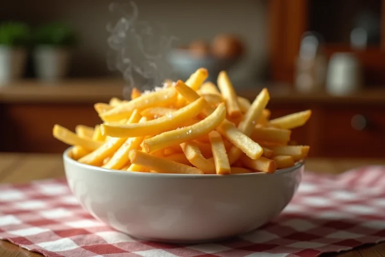 Portion de frites dorées et croustillantes servies dans un bol blanc sur une table en bois rustique