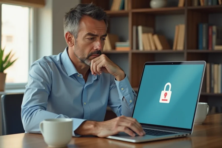 Homme en chemise bleue face à un problème de connexion sur son ordinateur portable dans un bureau à domicile