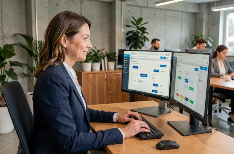 Professionnelle analysant un tableau de bord CRM intégré avec des workflows de marketing automation sur un bureau moderne en open space
