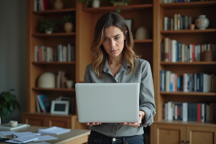 Propriétaire examinant les erreurs de tarification d'une visite virtuelle sur un ordinateur portable dans un bureau à domicile encombré