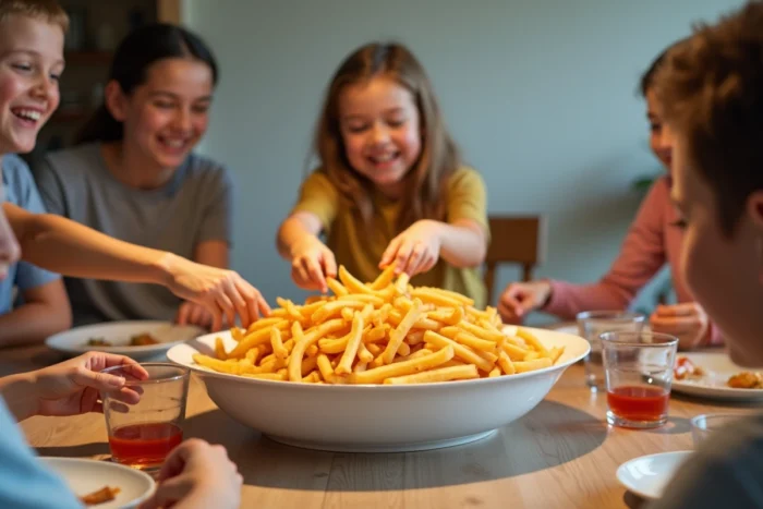 Famille partageant un grand plat de frites maison autour d'une table lors d'un repas convivial