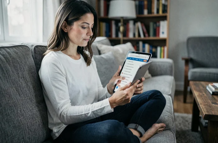 Femme recherchant une nouvelle adresse de site web sur une tablette depuis son canapé