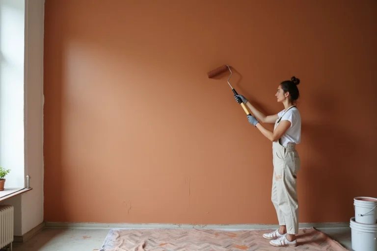 Femme appliquant de la peinture terracotta sur un mur en plâtre lors de travaux de rénovation intérieure