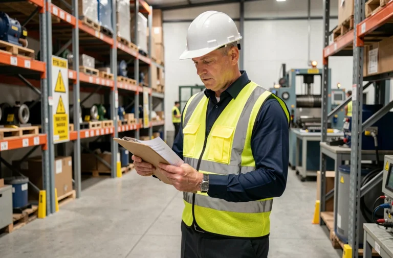 Responsable sécurité en entreprise industrielle consultant un document d'inspection OHSAS 18001 avec casque et gilet haute visibilité