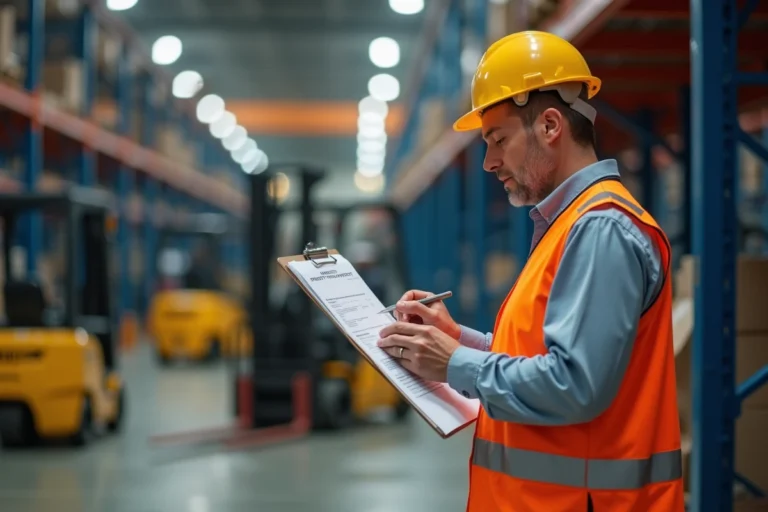 Responsable sécurité en gilet haute visibilité examinant un rapport d'accidents du travail dans un entrepôt industriel