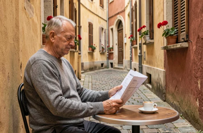 Homme retraité lisant un rapport de rendement locatif en terrasse dans un traboule du quartier Croix-Rousse à Lyon