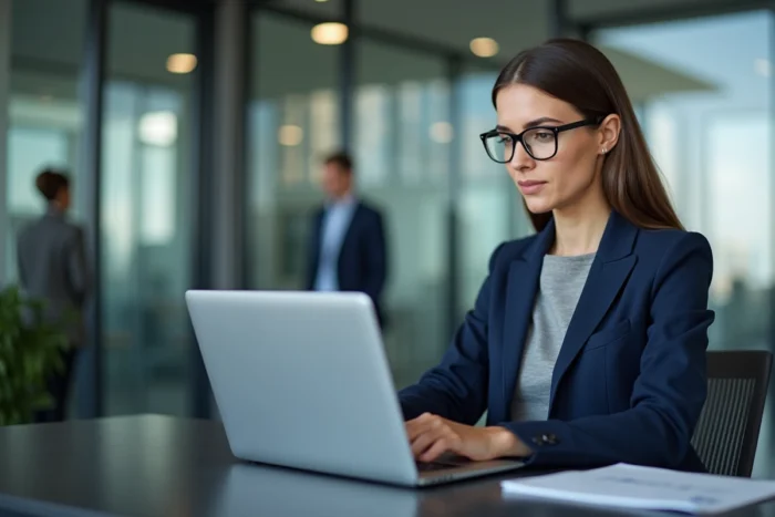 Responsable RH analysant des statistiques d'accidents du travail sur ordinateur dans un bureau moderne