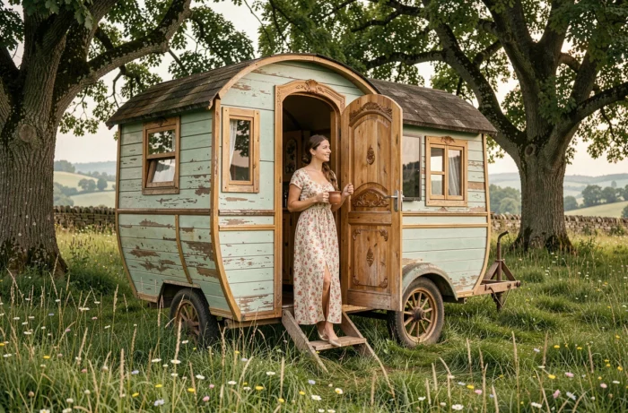 Femme en robe fleurie sortant d'une roulotte en bois peinte dans une prairie française au coucher du soleil