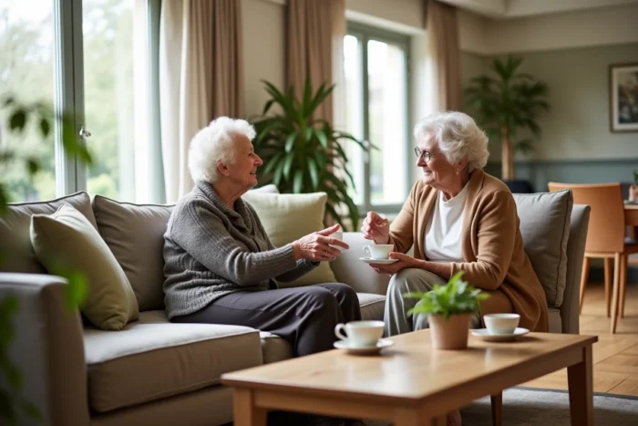 Espace commun convivial d'une résidence senior moderne à Bergerac avec des résidentes en conversation
