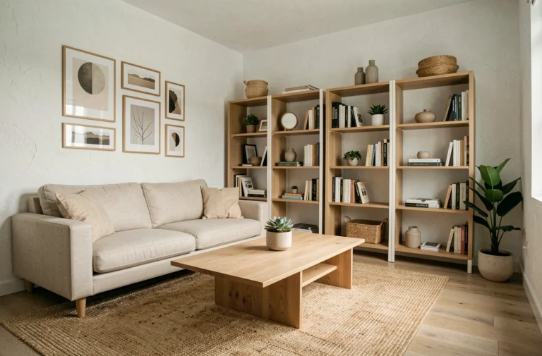 Salon moderne et lumineux bien aménagé pour une visite virtuelle immobilière avec canapé beige et étagères bois