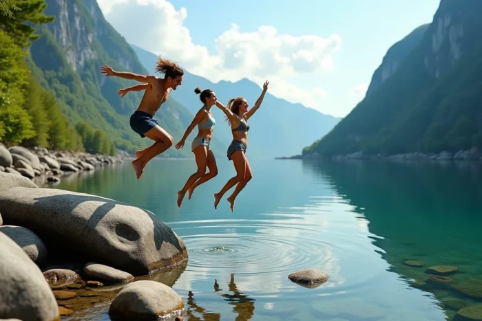 Groupe de jeunes adultes sautant joyeusement dans les eaux claires et fraîches d'un fjord norvégien depuis des rochers polis par les glaciers