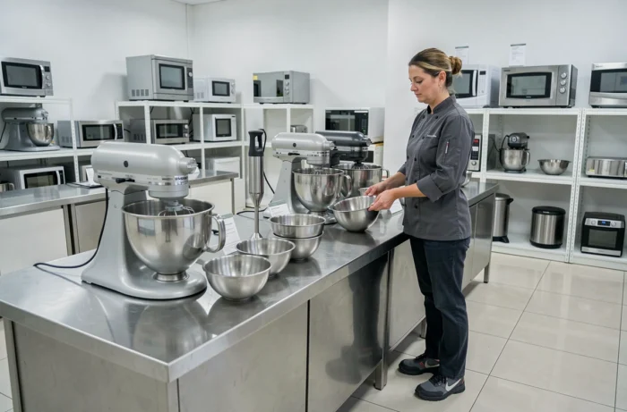 Cheffe cuisinière sélectionnant des équipements professionnels dans un showroom de matériel de cuisine