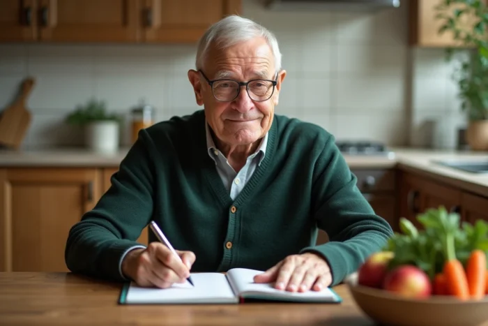 Homme senior consultant un plan alimentaire avec des fruits et légumes frais sur une table en bois, alimentation saine pour bien vieillir
