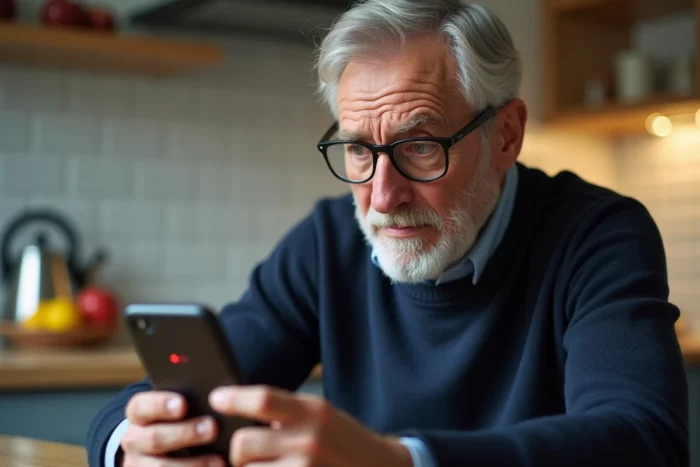 Homme senior avec lunettes tenant un smartphone affichant une erreur de connexion à table dans une cuisine