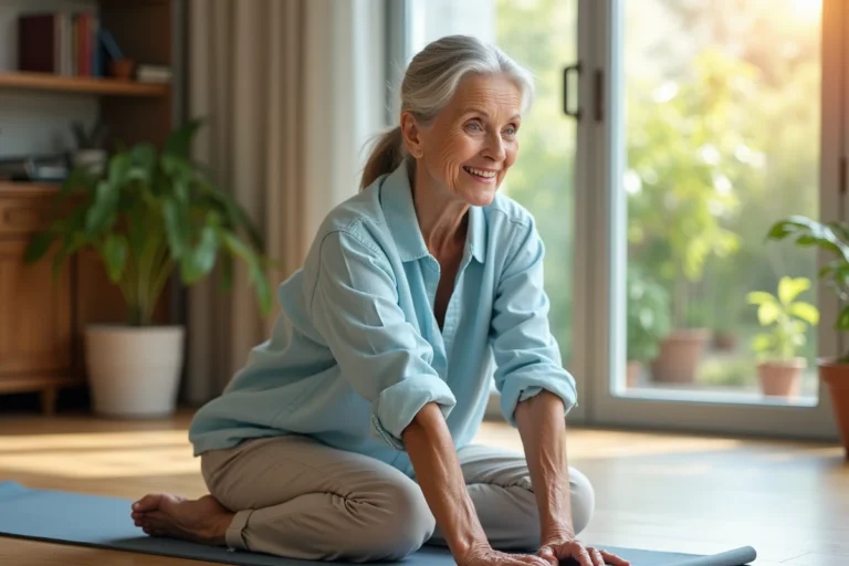 Femme senior faisant des exercices d'étirement sur un tapis de yoga dans un salon lumineux, pour rester en bonne santé au quotidien
