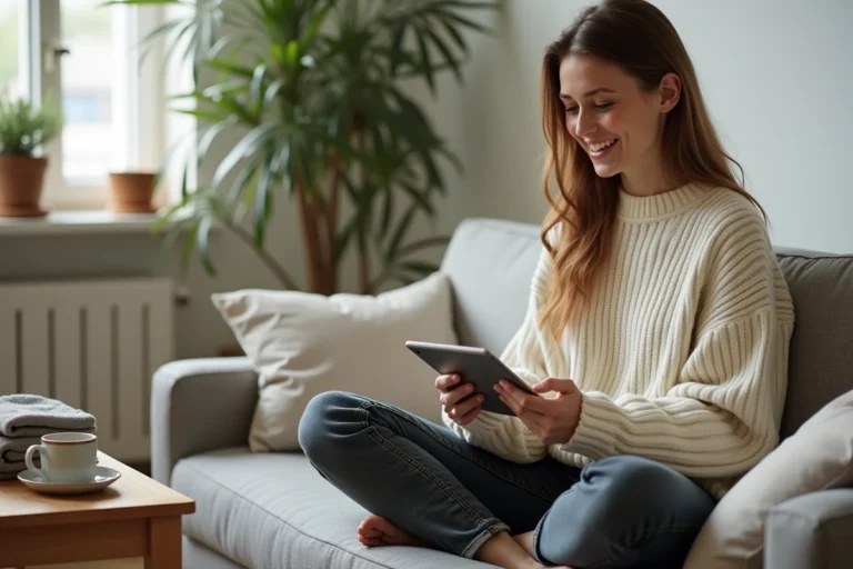 Jeune femme faisant du shopping de mode en ligne sur une tablette, assise confortablement dans son salon avec des vêtements posés à proximité