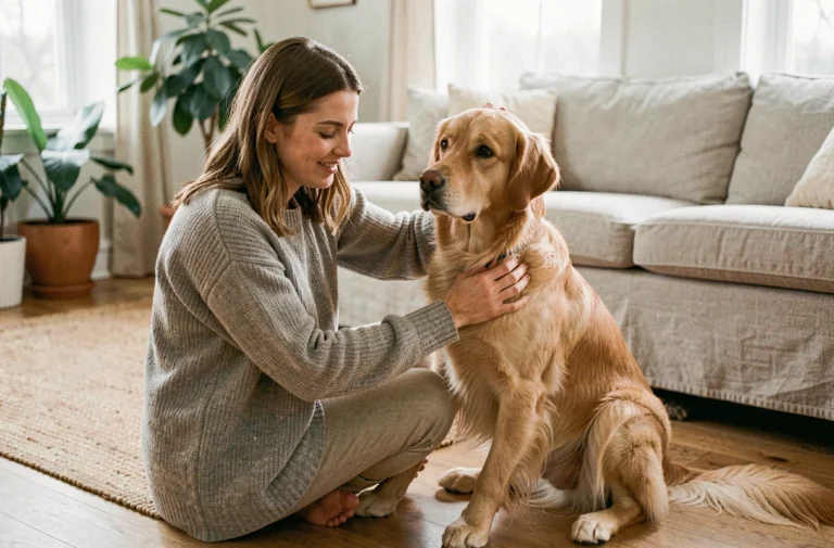 Femme brossant son golden retriever dans un salon cosy, soin quotidien pour animaux de compagnie