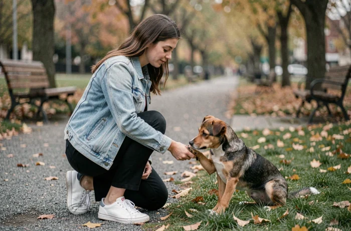 Jeune femme examinant la patte de son chien dans un parc, soins vétérinaires préventifs pour animaux