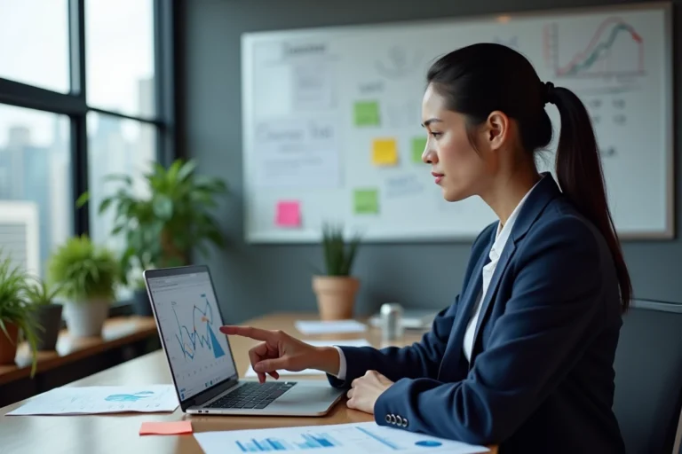 Professionnelle en marketing digital analysant une stratégie de netlinking sur un ordinateur portable dans un bureau moderne