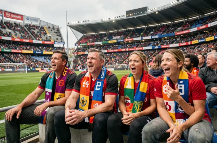 Groupe de supporters en écharpes colorées réagissant à un match dans un stade de football bondé