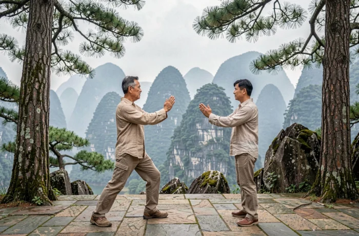 Homme pratiquant le Tai Chi avec un maître local sur une terrasse en pierre face aux montagnes karstiques de Guilin en Chine
