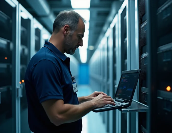 Technicien informatique paramétrant un accès extranet dans la salle serveur d'un CHU