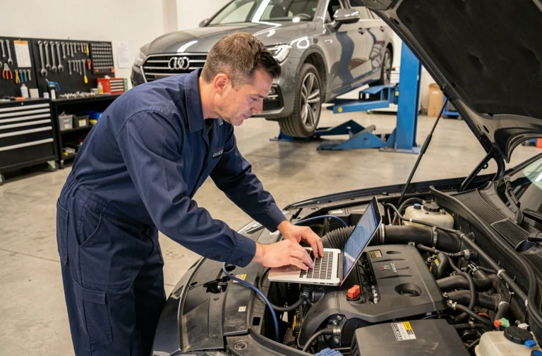Technicien automobile connectant un ordinateur de diagnostic OBD au moteur d'un véhicule lors d'une reprogrammation moteur en atelier