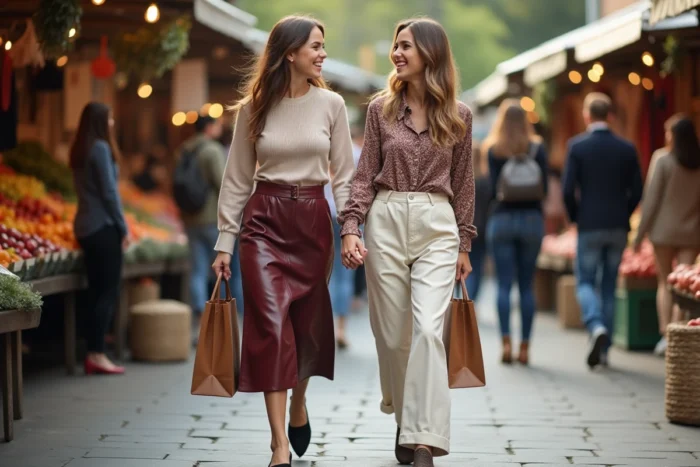 Deux amies stylées en tenue tendance — jupe cuir bordeaux et pantalon lin écru — se promenant dans un marché urbain animé, illustrant les looks mode de la saison
